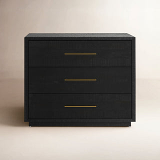 Nightstand, 3 Drawers, Solid Acacia Wood, Burnished Black, Brass Pulls