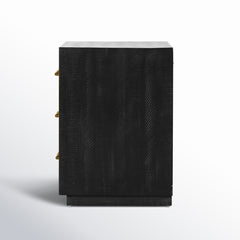 Nightstand, 3 Drawers, Solid Acacia Wood, Burnished Black, Brass Pulls