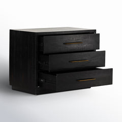 Nightstand, 3 Drawers, Solid Acacia Wood, Burnished Black, Brass Pulls