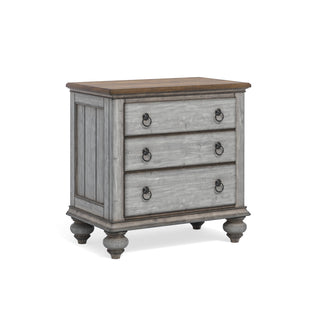 Nightstand, 3 Drawers, Solid Acacia Wood, Gray Wash with Brown Top