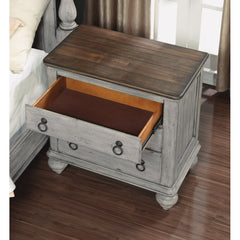 Nightstand, 3 Drawers, Solid Acacia Wood, Gray Wash with Brown Top
