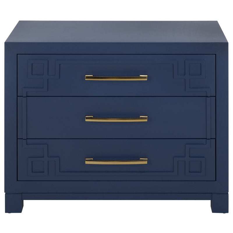 Nightstand, 3 Drawers, Solid and Manufactured Wood, Blue, Brass Handles