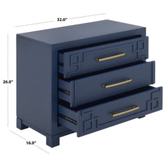 Nightstand, 3 Drawers, Solid and Manufactured Wood, Blue, Brass Handles
