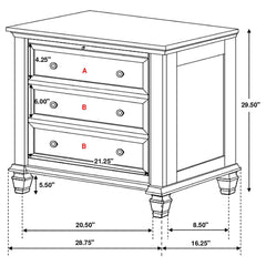 Nightstand, 3 Drawers, Solid and Manufactured Wood, Silver Handles