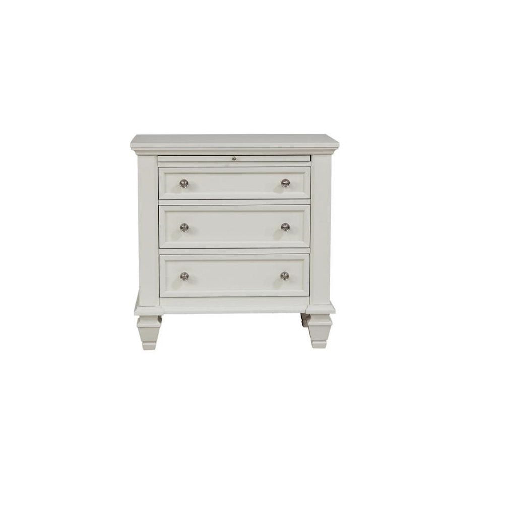 Nightstand, 3 Drawers, Solid and Manufactured Wood, White, Silver Handles