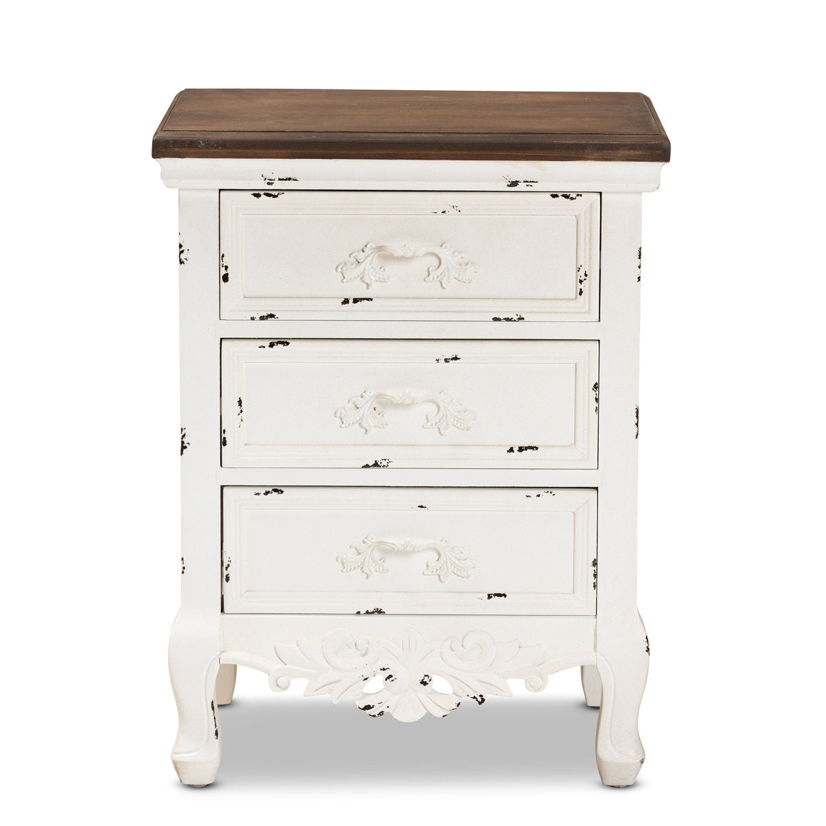 Nightstand, 3 Drawers, Solid Fir Wood, Scalloped Edges, White