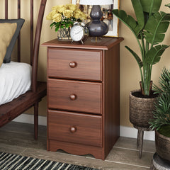 Nightstand, 3 Drawers, Solid Pine Wood, Mocha Finish