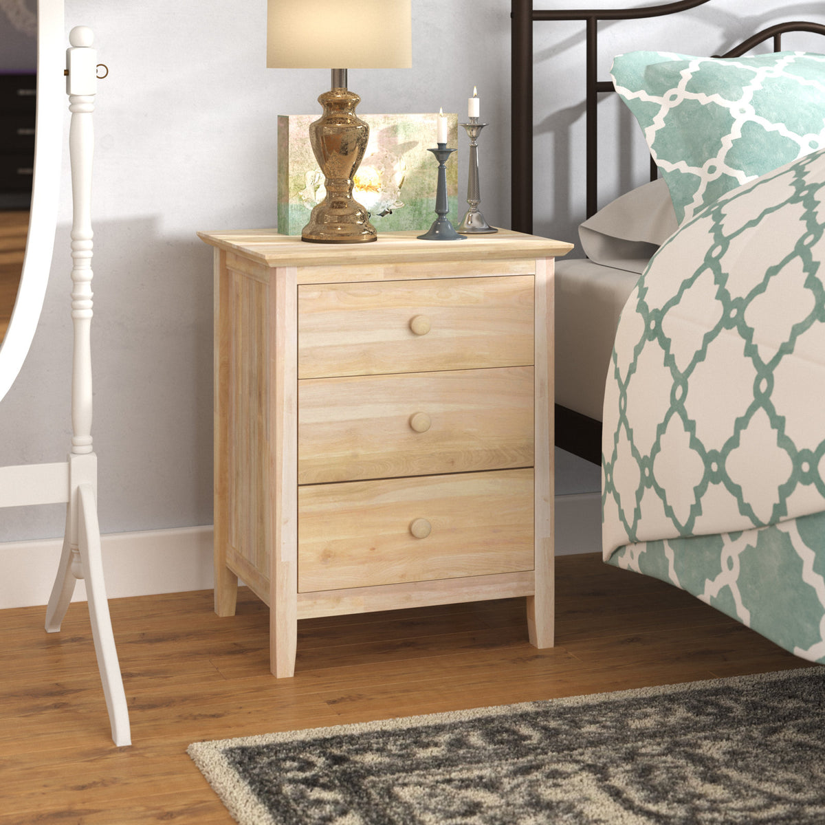 Nightstand, 3 Drawers, Solid Rubberwood, Unfinished
