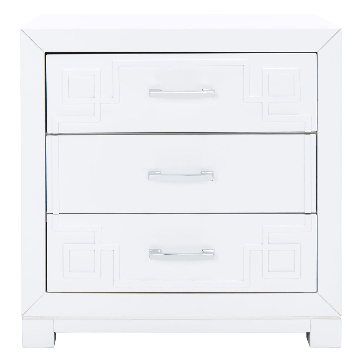 Nightstand, 3 Drawers, Solid Rubberwood, White and Silver