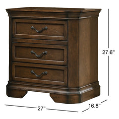 Nightstand, 3 Drawers, Solid Walnut Wood Frame, Brown