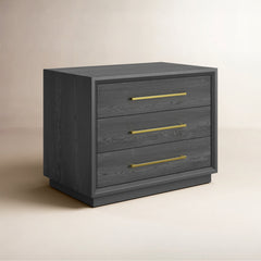 Nightstand, 3 Drawers, Solid Wood and MDF, Gray, Gold Handles