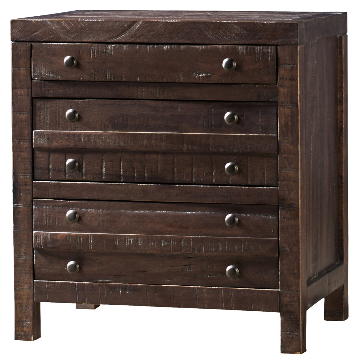 Nightstand, 3 Drawers, Solid Wood, Brown, Gold Handles