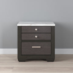 Nightstand, 3 Drawers, Solid Wood Frame, White and Brown, Silver Pulls