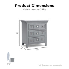 Nightstand, 3 Drawers, Solid Wood, Gray, Silver Round Knobs
