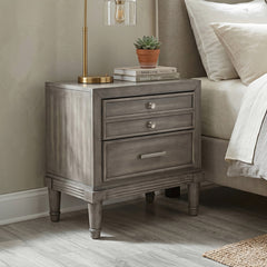 Nightstand, 3 Drawers, Solid Wood, Silver Handles, Gray