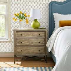 Nightstand, 3 Drawers, Solid Wood with Oak Veneers, Metal Base, USB Ports