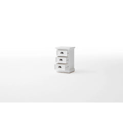 Nightstand, 3 Drawers, White Finish, Black Cup Pull Handles