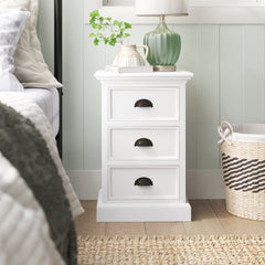 Nightstand, 3 Drawers, White Finish, Black Cup Pull Handles