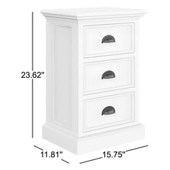 Nightstand, 3 Drawers, White Finish, Black Cup Pull Handles