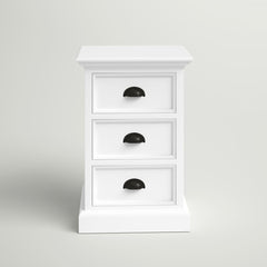 Nightstand, 3 Drawers, White Finish, Black Cup Pull Handles