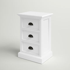 Nightstand, 3 Drawers, White Finish, Black Cup Pull Handles