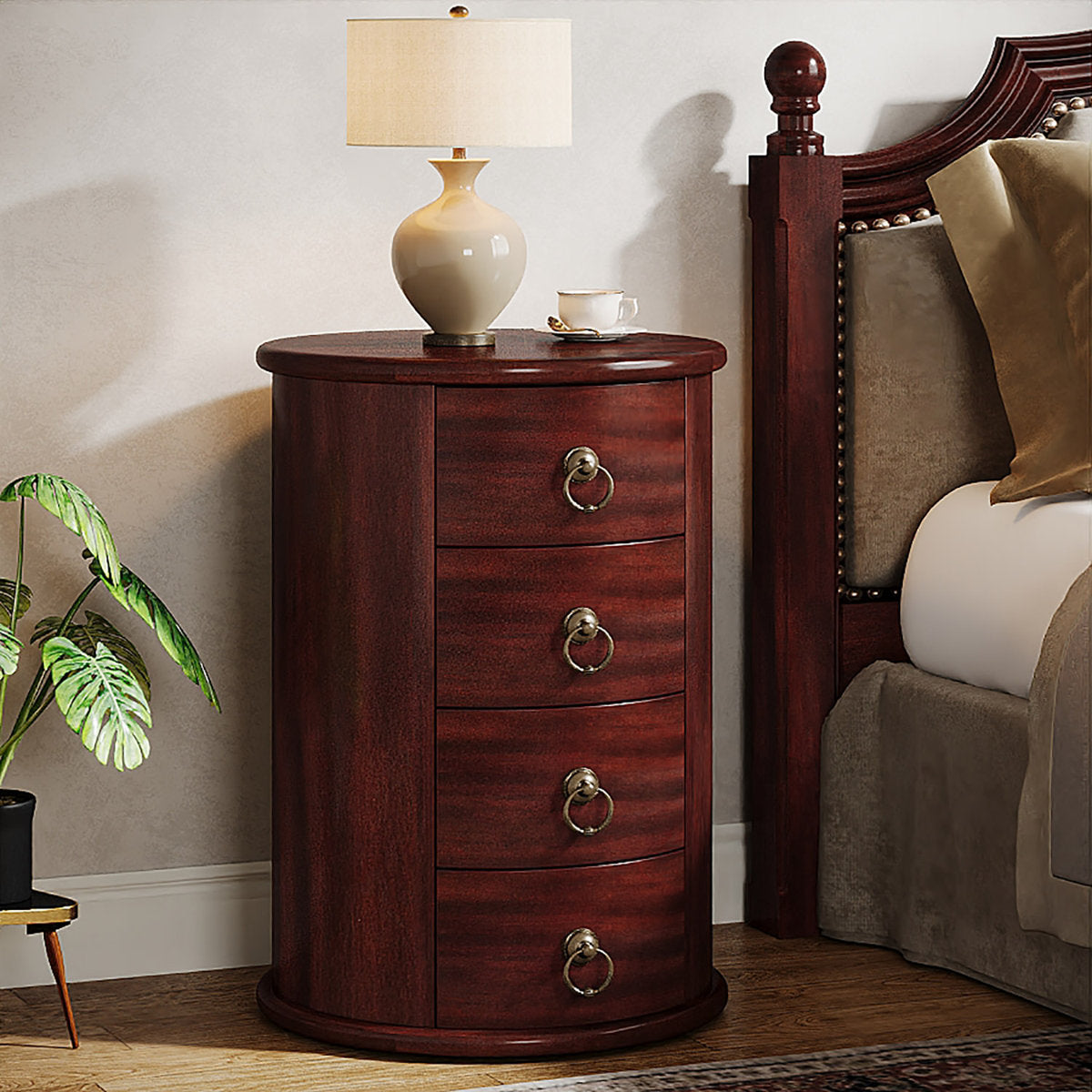 Nightstand, 4-Drawer, Round Solid Wood Top, Cherry Brown