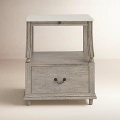 Nightstand, MDF and Mahogany with Marble Top, 1 Drawer, Gray