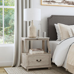 Nightstand, MDF and Mahogany with Marble Top, 1 Drawer, Gray