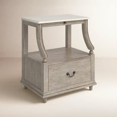 Nightstand, MDF and Mahogany with Marble Top, 1 Drawer, Gray