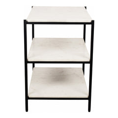 Nightstand, Metal Frame, Three White Marble Shelves, Black and White