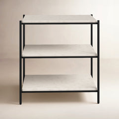 Nightstand, Metal Frame, Three White Marble Shelves, Black and White