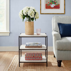 Nightstand, Metal Frame, Three White Marble Shelves, Black and White