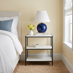 Nightstand, Metal Frame, Three White Marble Shelves, Black and White