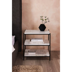 Nightstand, Metal Frame, Three White Marble Shelves, Black and White