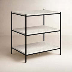 Nightstand, Metal Frame, Three White Marble Shelves, Black and White