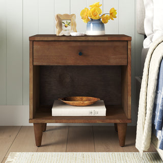Nightstand, One Drawer with Open Shelf, Rubberwood and Acacia, Brown