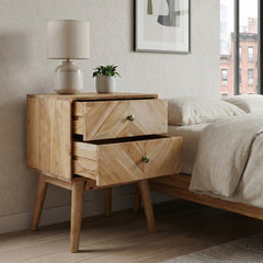 Nightstand Set of 2, Solid Acacia Wood in Natural