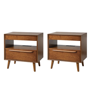 Nightstand Set of 2 with Power Hub and Pull-Out Tray in Acorn