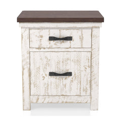 Nightstand, Solid and Engineered Wood, USB Port, Distressed White and Walnut