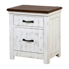 Nightstand, Solid and Engineered Wood, USB Port, Distressed White and Walnut