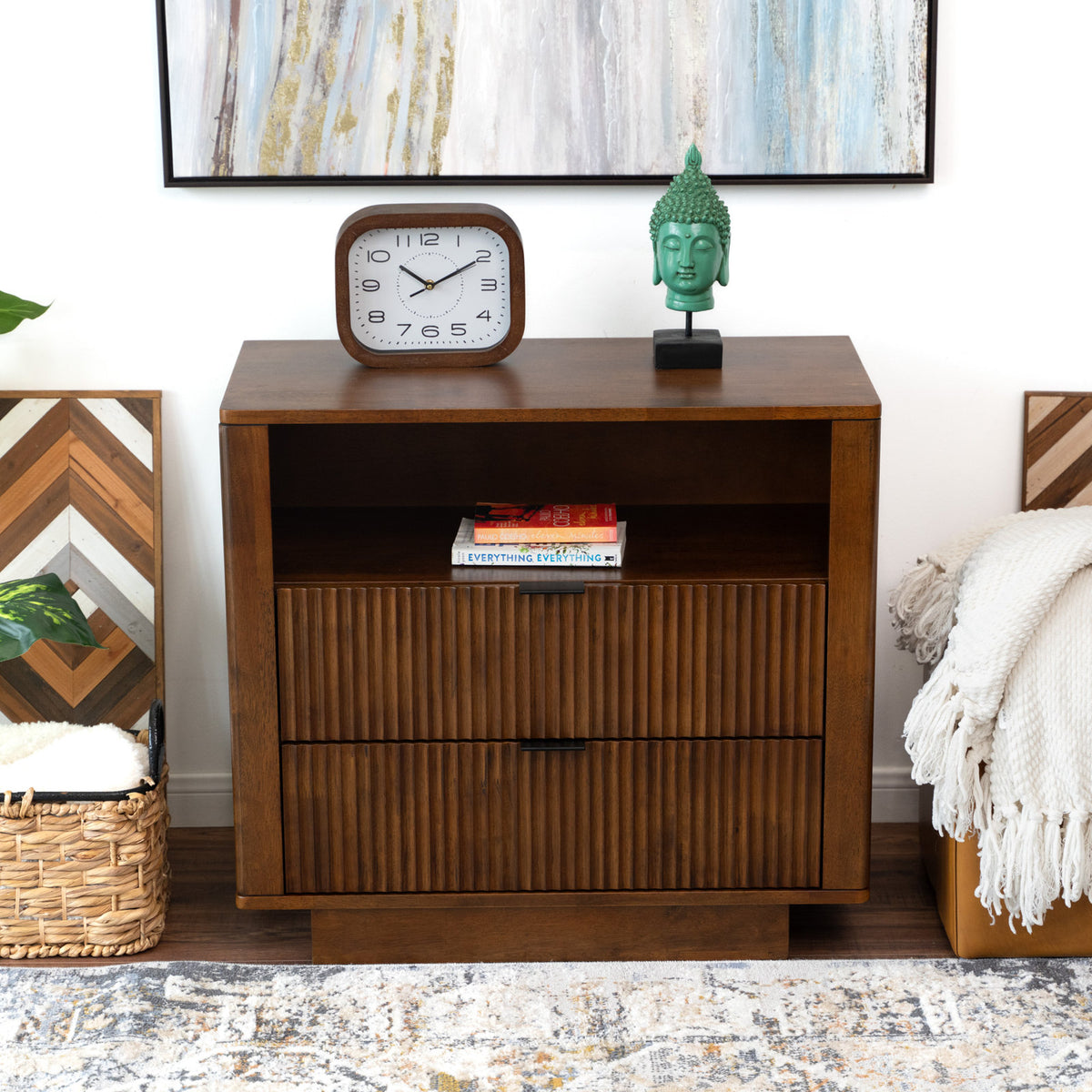 Nightstand, Solid Eucalyptus Wood, 2 Drawers and Open Shelf, Walnut