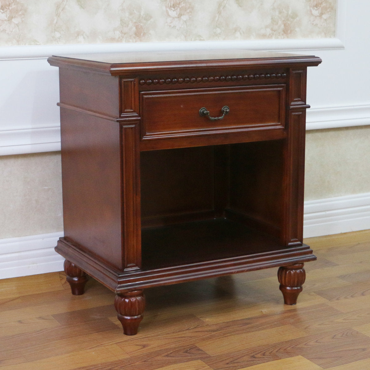 Nightstand, Solid Fir Wood, 1 Drawer, Walnut, Satin Brass Handle