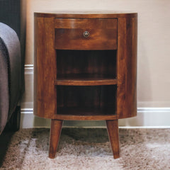 Nightstand, Solid Mango Wood, 1 Drawer, 2 Open Shelves, Brown