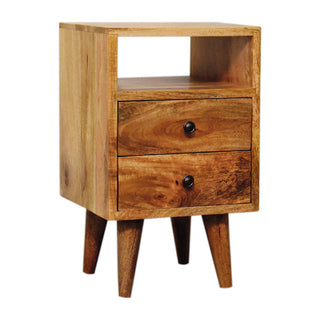 Nightstand, Solid Mango Wood, 2 Drawers and Open Shelf, Beige