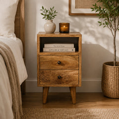 Nightstand, Solid Mango Wood, 2 Drawers and Open Shelf, Beige