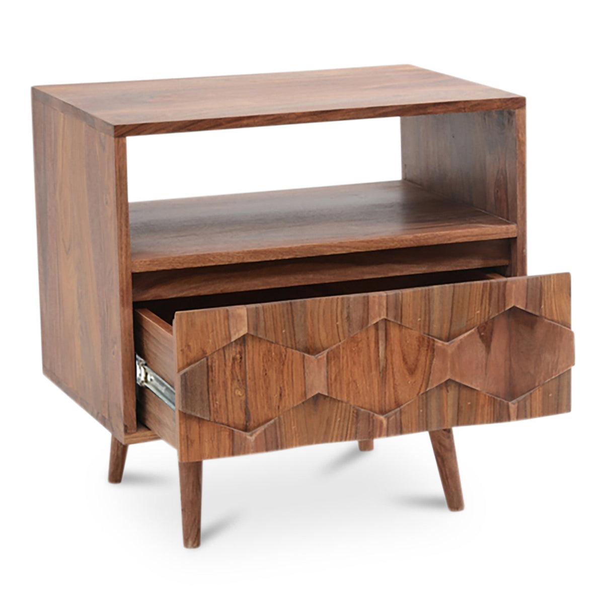 Nightstand, Solid Sheesham Wood, 1 Drawer, Open Shelf, Brown