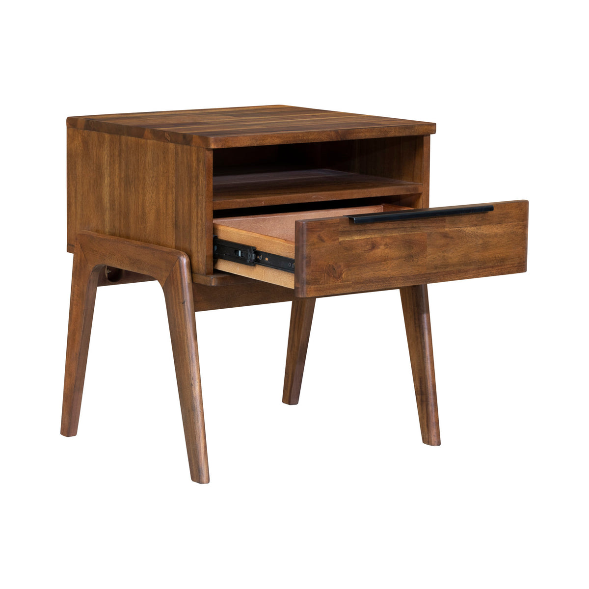 Nightstand, Solid Wood Top, 1 Drawer, Brown, Satin Black Handle