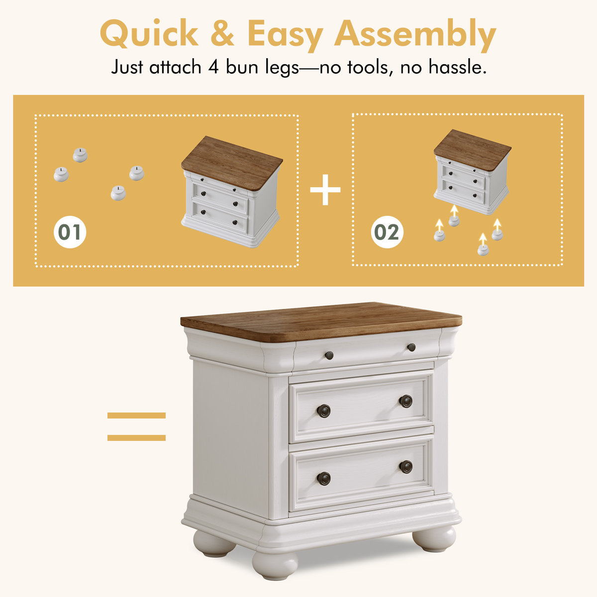Nightstand, Solid Wood with Three Drawers in White