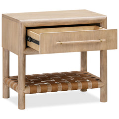 Nightstand with 1 Drawer and Leather Accents in Natural Acacia Wood