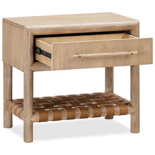 Nightstand with 1 Drawer and Leather Accents in Natural Acacia Wood